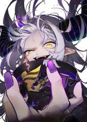 Rule 34 | 1girl, absurdres, ascot, collar, commentary request, demon girl, demon horns, fangs, grey hair, highres, hololive, horns, la+ darknesss, la+ darknesss (1st costume), long hair, long sleeves, looking at viewer, metal collar, multicolored hair, o-ring, open mouth, pointy ears, purple hair, purple nails, sauce darusungi, smile, solo, streaked hair, striped horns, upper body, virtual youtuber, white background, yellow ascot, yellow eyes