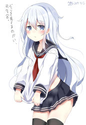 Rule 34 | 1girl, :t, absurdres, anchor symbol, black sailor collar, black skirt, black thighhighs, blush, closed mouth, commentary request, dated, dreamusun, hibiki (kancolle), highres, kantai collection, long hair, long sleeves, looking at viewer, neckerchief, pleated skirt, pout, red neckerchief, sailor collar, school uniform, serafuku, shirt, silver hair, simple background, skirt, solo, thighhighs, translation request, very long hair, white background, white shirt