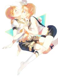 Rule 34 | 1boy, 1girl, absurdres, alkali, blonde hair, blue eyes, blush, brother and sister, couple, hair ornament, hair ribbon, hairclip, hetero, highres, incest, interlocked fingers, kagamine len, kagamine rin, matching outfits, midriff, open mouth, ribbon, sailor collar, short hair, shorts, siblings, twincest, twins, vocaloid