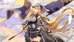 Rule 34 | 1girl, absurdres, arknights, bare shoulders, black skirt, blonde hair, blue eyes, blue hairband, blue necktie, breasts, commentary, cowboy shot, flag, hair between eyes, hairband, highres, holding, holding flag, holding sword, holding weapon, horns, jannong, large breasts, long hair, looking at viewer, necktie, pouch, saileach (arknights), shirt, skirt, solo, standing, strapless, strapless shirt, sword, thighs, very long hair, weapon, white shirt