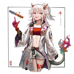 Rule 34 | 1girl, arknights, arm tattoo, bandeau, bead bracelet, beads, bracelet, colored skin, cowboy shot, cropped legs, dated, dragon girl, dragon horns, dragon tail, earrings, flame-tipped tail, hair between eyes, highres, horns, index finger raised, jacket, jewelry, leg tattoo, long hair, long sleeves, midriff, multicolored hair, navel, nian (arknights), open clothes, open jacket, pointy ears, ponytail, purple eyes, red bandeau, red hair, red skin, shorts, shuimo, simple background, solo, streaked hair, tail, tassel, tassel earrings, tattoo, white background, white hair, white jacket, white shorts