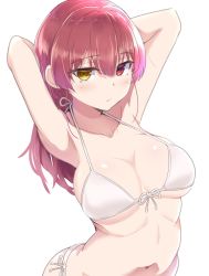 Rule 34 | 1girl, arms up, bikini, blush, breasts, cleavage, closed mouth, hair between eyes, hair down, heterochromia, highres, hololive, houshou marine, large breasts, long hair, looking at viewer, myht, red eyes, red hair, side-tie bikini bottom, simple background, solo, swimsuit, upper body, virtual youtuber, white background, yellow eyes