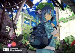 Rule 34 | 1girl, artist name, backpack, bag, blue eyes, blue hair, building, hat, highres, irue, kawashiro nitori, key, lens flare, matching hair/eyes, moss, overgrown, ruins, short hair, skirt, smile, solo, touhou, twintails, two side up