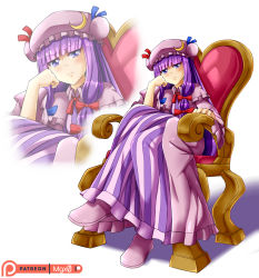 Rule 34 | &gt;:(, 1girl, artist name, blue bow, blue ribbon, blunt bangs, bow, chair, commentary, crescent, crescent pin, english commentary, frown, full body, hair bow, hand on own cheek, hand on own face, hat, hat ribbon, long hair, looking at viewer, mgx0, mob cap, patchouli knowledge, patreon logo, patreon username, purple eyes, purple hair, red bow, red ribbon, ribbon, shadow, simple background, sitting, solo, touhou, very long hair, watermark, white background, wide sleeves, zoom layer