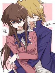 Rule 34 | 1boy, 1girl, annoyed, arms around waist, blonde hair, blue bow, blue bowtie, blue eyes, blue jacket, blue skirt, bow, bowtie, brown hair, chinese text, closed eyes, collared shirt, commentary, crossed arms, domino high school uniform, dress shirt, embarrassed, genderswap, genderswap (mtf), hand up, happy, high collar, highres, hug, hug from behind, jacket, jonouchi katsuya, kaiba seto, kakera4205, long hair, open clothes, open jacket, open mouth, pink background, pink jacket, polka dot, polka dot background, school uniform, shirt, short hair, sidelocks, skirt, smile, spoken squiggle, squiggle, translation request, upper body, white shirt, yu-gi-oh!, yu-gi-oh! duel monsters
