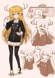 Rule 34 | 1girl, :3, = =, animal ears, antlers, arm up, black footwear, black pantyhose, blonde hair, blush stickers, bowl, eating, evil smile, expressions, food, full body, hair between eyes, hand up, highres, hitoshi, holding, holding food, horns, kotatsu, long hair, long sleeves, looking at viewer, multiple views, open mouth, original, pantyhose, pointy ears, popsicle, shaded face, shoes, sidelocks, smile, tabard, table, under table, yellow eyes