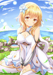 Rule 34 | 1girl, bare shoulders, blonde hair, blue flower, blue sky, blush, breasts, brown eyes, cleavage, closed mouth, cloud, commentary request, day, detached sleeves, dress, flower, genshin impact, hair between eyes, hair flower, hair ornament, highres, horizon, long hair, long sleeves, lumine (genshin impact), medium breasts, ocean, on grass, outdoors, sitting, sky, smile, solo, sun, thighhighs, wariza, water, white dress, white sleeves, white thighhighs, xenon (for achieve)