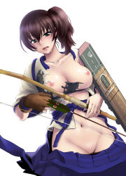 Rule 34 | 10s, 1girl, archery, arrow (projectile), blush, bow (weapon), breasts, brown eyes, brown hair, female pubic hair, gloves, green eyes, highres, japanese clothes, kaga (kancolle), kantai collection, kyuudou, looking at viewer, medium breasts, muneate, navel, nipples, partially fingerless gloves, partly fingerless gloves, personification, pubic hair, short hair, shoukaki (earthean), side ponytail, single glove, solo, torn clothes, weapon, yugake
