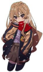 Rule 34 | 1girl, aisaka taiga, black thighhighs, blush, brown eyes, brown hair, brown skirt, closed mouth, commentary, cropped legs, gabu (az210309), hair between eyes, hand in pocket, hand to own mouth, hand up, highres, jacket, light blush, long hair, long sleeves, looking at viewer, open clothes, open jacket, palmtop tiger, purple skirt, red scarf, scarf, simple background, skirt, solo, thighhighs, toradora!, white background