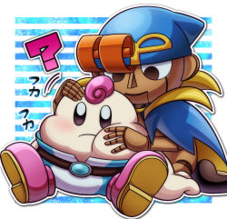 2boys bandana belt blue_bandana blue_cape boots brown_belt cape cheek_squash closed_mouth commentary_request doll_joints expressionless full_body geno_(mario) highres joints kusaremix looking_at_another male_focus mallow_(mario) mario_(series) multiple_boys nintendo pink_footwear smile super_mario_rpg translation_request