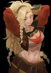 Rule 34 | 1girl, a big brother, arms behind head, black background, blonde hair, blue eyes, braid, breasts, cleavage, cowboy shot, gemma (monster hunter wilds), highres, large breasts, looking at viewer, midriff, monster hunter (series), monster hunter wilds, navel, ponytail, smile, solo, twitter username