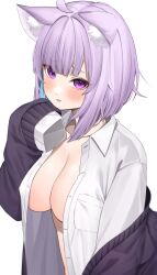 Rule 34 | 1girl, absurdres, ahoge, animal ear fluff, animal ears, black cardigan, blue hair, blunt bangs, blush, breasts, cardigan, cat ears, cat girl, cleavage, collarbone, collared shirt, colored inner hair, covered erect nipples, highres, hololive, large breasts, long sleeves, looking at viewer, multicolored hair, nekomata okayu, nekomata okayu (oversized shirt), no bra, official alternate costume, open clothes, purple eyes, purple hair, shirt, simple background, sleeves past fingers, sleeves past wrists, solo, tongue, two-tone hair, unbuttoned, unbuttoned shirt, virtual youtuber, white background, white shirt, yuya (yuya illust)