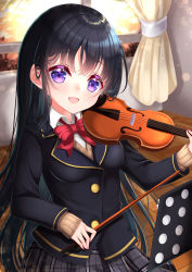 Rule 34 | 1girl, :d, bad id, bad pixiv id, black hair, black jacket, blazer, blurry, blurry background, blush, bow, breasts, brown sweater, collared shirt, commentary request, curtains, depth of field, dress shirt, grey skirt, highres, holding, holding instrument, holding violin, indoors, instrument, jacket, long hair, long sleeves, mirai (happy-floral), open mouth, original, plaid, plaid skirt, pleated skirt, purple eyes, red bow, shirt, skirt, sleeves past wrists, small breasts, smile, solo, sweater, very long hair, violin, white shirt, window, wooden floor