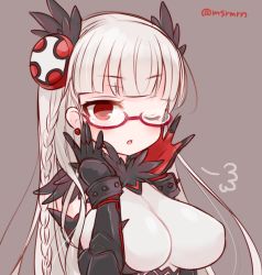 Rule 34 | 1girl, ;o, puff of air, \||/, adjusting eyewear, arms up, bad id, bad pixiv id, bespectacled, blunt bangs, braid, breasts, covered erect nipples, dark valkyrie (p&amp;d), dot nose, dress, earrings, eyelashes, eyes visible through hair, fantasy, feather hair, feather hair ornament, feathers, gauntlets, glasses, grey background, hair ornament, half-closed eye, halterneck, headgear, impossible clothes, impossible dress, jewelry, large breasts, long hair, looking at viewer, mashiro miru, one eye closed, open mouth, puzzle &amp; dragons, raised eyebrows, red-framed eyewear, red eyes, revision, semi-rimless eyewear, simple background, sketch, solo, spikes, stud earrings, twin braids, twitter username, under-rim eyewear, valkyrie (p&amp;d), white hair