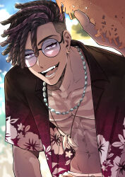 Rule 34 | 1boy, abs, absurdres, arm up, asymmetrical hair, black shirt, blurry, blurry background, brown hair, collarbone, collared shirt, commentary request, dark-skinned male, dark skin, day, earrings, fangs, floral print, glasses, gradient-tinted eyewear, gradient clothes, hat, hawaiian shirt, highres, holding, holding clothes, holding hat, jewelry, leaning forward, looking at viewer, male focus, multicolored hair, navel, necklace, nekota ( nekotarou ), open clothes, open mouth, open shirt, outdoors, pectorals, print shirt, purple eyes, purple hair, raised eyebrow, red shirt, round eyewear, sam (twisted wonderland), shirt, short sleeves, sidecut, smile, solo, stomach, straw hat, teeth, tinted eyewear, tongue, tooth necklace, twisted wonderland, undercut, unworn hat, unworn headwear