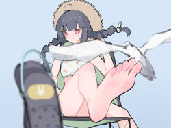Rule 34 | 1girl, absurdres, barefoot, bird, black hair, blue archive, blush, braid, crocs, feet, hat, highres, long hair, looking at viewer, miyu (blue archive), miyu (swimsuit) (blue archive), red eyes, seagull, shoes, single shoe, sitting, soles, straw hat, swimsuit, toes, twin braids