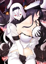 Rule 34 | 10s, 2girls, abyssal ship, air defense princess, bad id, bad twitter id, between legs, black gloves, blush, bra, grabbing another&#039;s breast, breasts, commentary, female admiral (kancolle), gloves, glowing, glowing eyes, grabbing, groping, hairband, hand between legs, hat, highres, kantai collection, large breasts, long hair, multiple girls, niwatazumi, panties, partially undressed, tatebayashi sakurako, unbuttoned, underwear, white bra, yuri