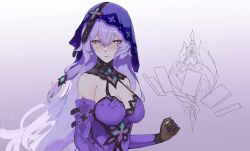 Rule 34 | 1girl, absurdres, bare shoulders, black gloves, black swan (honkai: star rail), breasts, cleavage, commentary, dress, elbow gloves, gloves, gradient background, highres, honkai: star rail, honkai (series), large breasts, long hair, purple background, purple dress, purple hair, sleeveless, sleeveless dress, smurtz, solo, unfinished, upper body, veil, very long hair