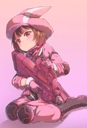 Rule 34 | 1girl, bandana, blush, boots, brown hair, bullpup, commentary request, elbow pads, fur-trimmed gloves, fur trim, gloves, gun, hat, holding, holding gun, holding weapon, jacket, knee pads, llenn (sao), looking at viewer, p-chan (p90), p90, pants, personal defense weapon, pink background, pink bandana, pink eyes, pink gloves, pink hat, pink jacket, pink pants, short hair, simple background, sitting, smile, solo, submachine gun, sword art online, sword art online alternative: gun gale online, tomamatto, weapon