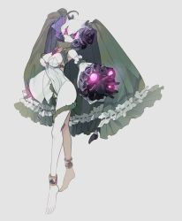 Rule 34 | 1girl, alternate color, anklet, barefoot, black gloves, black rose, blue rose, breasts, cleavage, detached sleeves, flower, full body, gloves, hair flower, hair ornament, jewelry, kz 609, large breasts, mask, personification, plant, pokemon, purple rose, red eyes, rose, roserade, shiny pokemon, solo, vines, white hair
