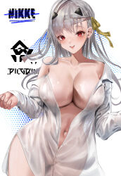 Rule 34 | 1girl, :d, absurdres, bandaged head, bandages, bare shoulders, breasts, cleavage, collarbone, copyright name, covered erect nipples, goddess of victory: nikke, grey hair, highres, large breasts, long hair, modernia (first affection) (nikke), modernia (nikke), navel, official alternate costume, open clothes, open mouth, open shirt, red eyes, rossy (yowayowachimpo), see-through, see-through shirt, shirt, sidelocks, smile, solo, white shirt