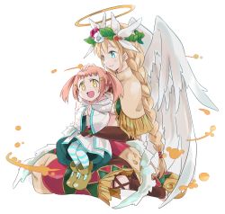 Rule 34 | 2girls, :d, angel, angel wings, archangel (p&amp;d), bad id, bad pixiv id, barefoot, blonde hair, blue eyes, blush, braid, capelet, dress, feathered wings, flower, hair ornament, hairclip, halo, hand on another&#039;s head, head wreath, leaf, long hair, maromi (am97), multiple girls, open mouth, own hands together, pantyhose, pink hair, puzzle &amp; dragons, red flower, red rose, rose, single braid, sitting, smile, striped clothes, striped legwear, striped pantyhose, tinnin, toeless legwear, toes, twintails, white flower, white rose, white wings, wings, yellow eyes