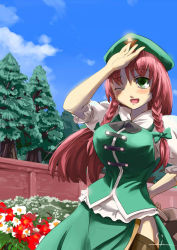 Rule 34 | 1girl, braid, breasts, china dress, chinese clothes, dress, female focus, green eyes, hat, hong meiling, large breasts, long hair, red hair, sinzan, solo, embodiment of scarlet devil, touhou, twin braids