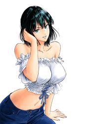 Rule 34 | 1girl, absurdres, bare shoulders, black hair, blue pants, breasts, cowboy shot, crop top, frilled shirt, frills, fubuki (one-punch man), green eyes, hand up, highres, hkhk0726, large breasts, looking at viewer, medium hair, midriff, navel, off-shoulder shirt, off shoulder, one-punch man, pants, parted lips, shirt, short sleeves, simple background, smile, solo, transparent background, white background, white shirt