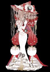 Rule 34 | 1girl, bare shoulders, black background, bouquet, bow, covered eyes, detached sleeves, dress, facing viewer, flower, full body, grey flower, grey rose, hat, hat bow, holding, long sleeves, mamaloni, original, red bow, red hat, rose, simple background, standing, white dress, white hair