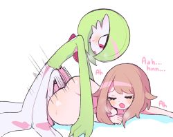 Rule 34 | 1boy, 1girl, aliceyawnin, arm support, ass, blush, bob cut, breath, brown hair, claire (clarevoir), clenched hand, closed eyes, colored skin, completely nude, creatures (company), erection, game freak, gardevoir, gen 3 pokemon, gloria (pokemon), green hair, green skin, hair over one eye, hetero, interspecies, kneeling, leaning forward, looking at another, looking down, lying, medium hair, moaning, motion lines, multicolored skin, nintendo, nude, on side, open mouth, penis, pokemon, pokemon (creature), pokemon swsh, pokephilia, red eyes, sex, shiny skin, short hair, sideways mouth, simple background, sweat, tears, trap, trap on female, two-tone skin, uncensored, white skin