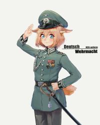 Rule 34 | 1girl, animal ears, arm up, brown hair, brown pants, closed mouth, copyright request, cowboy shot, cross, dog ears, dog girl, dog tail, fang, fang out, green hat, green jacket, grey background, hand on own hip, hat, highres, iron cross, jacket, medal, military jacket, pants, peaked cap, salute, sheath, sheathed, short hair, simple background, smile, solo, standing, sword, tail, tuziki sang, weapon