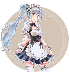 Rule 34 | 1girl, alternate costume, apron, black bow, black bowtie, black ribbon, blue eyes, blush, bow, bowtie, breasts, cleavage, closed mouth, commentary request, enmaided, frills, furrowed brow, highres, iesupa, long hair, looking at viewer, maid, maid apron, maid headdress, outside border, ribbon, round image, rwby, scar, short sleeves, side ponytail, skirt, skirt hold, small breasts, thighhighs, tiara, wavy mouth, weiss schnee, white hair, white thighhighs, wrist cuffs, zettai ryouiki