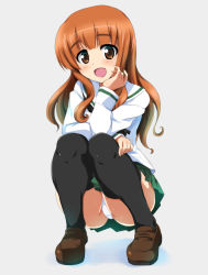 Rule 34 | 10s, 1girl, black neckerchief, black thighhighs, blouse, blunt bangs, brown footwear, crotch seam, full body, girls und panzer, green skirt, hand on own face, hand on own thigh, highres, loafers, long hair, long sleeves, looking at viewer, miniskirt, neckerchief, ooarai school uniform, open mouth, orange eyes, orange hair, ouhashi, panties, pantyshot, pleated skirt, school uniform, serafuku, shirt, shoes, simple background, skirt, smile, solo, squatting, sweat, takebe saori, thighhighs, underwear, white background, white panties, white shirt