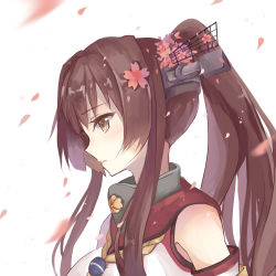 Rule 34 | 10s, 1girl, absurdres, brown eyes, brown hair, cherry blossoms, dango (dangowalolicon), flower, hair flower, hair ornament, highres, kantai collection, light smile, long hair, md5 mismatch, ponytail, resolution mismatch, simple background, solo, source smaller, yamato (kancolle)