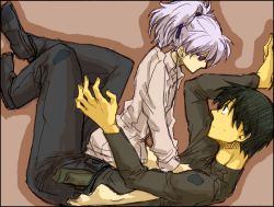 Rule 34 | barefoot, black hair, couple, darker than black, feet, girl on top, hei (darker than black), image sample, pixiv sample, sitting, sitting on person, white hair, yin (darker than black)
