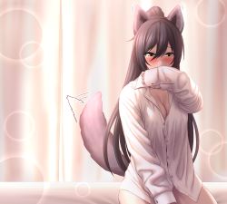 Rule 34 | 1girl, animal ears, backlighting, black hair, blush, borrowed clothes, bottomless, breasts, collared shirt, covering own mouth, curtains, dress shirt, ear wiggle, embarrassed, greenteamousou, hair between eyes, half-closed eyes, highres, idolmaster, idolmaster shiny colors, indoors, large breasts, long sleeves, looking at viewer, naked shirt, no bra, nose blush, parted bangs, ponytail, shirase sakuya, shirt, sitting, sleeves past wrists, smelling, solo, tail, tail wagging, white shirt, wing collar, wolf ears, wolf girl, wolf tail, yellow eyes