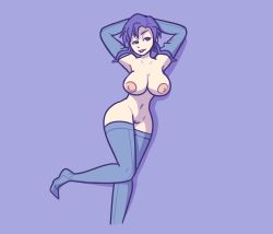 Rule 34 | 1girl, blue gloves, blue legwear, blue thighhighs, breasts, cleavage, elbow gloves, fire emblem, fire emblem: the blazing blade, gloves, lowres, mole, mole under mouth, navel, nintendo, nipples, nude, purple eyes, purple hair, pussy, rollep, short hair, solo, thighhighs, ursula (fire emblem)