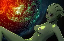 Rule 34 | 1girl, alien, breasts, colored skin, convenient censoring, green eyes, green skin, large breasts, mass effect (series), mass effect 1, nipples, nude, shiala, solo