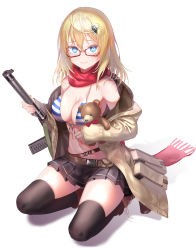 Rule 34 | 1girl, absurdres, ahoge, as val, as val (girls&#039; frontline), assault rifle, automatic rifle, bare shoulders, blonde hair, blue eyes, blush, boots, breasts, cleavage, girls&#039; frontline, glasses, gun, hair ornament, highres, holding, integral suppressor, integrally-suppressed firearm, kalashnikov rifle, long hair, long sleeves, looking at viewer, medium breasts, off shoulder, on one knee, pottsness, rifle, scarf, skindentation, skirt, solo, striped, stuffed animal, stuffed toy, suppressor, thighhighs, toz (tulsky oruzheiny zavod), tsniitochmash, tula arms plant, weapon