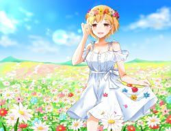 Rule 34 | 1girl, :d, aiba yumi, amanatsu (moooomrrrun1), blonde hair, blue sky, blurry, blush, breasts, cleavage, collarbone, cowboy shot, depth of field, dress, field, flower, flower field, glint, hand up, head wreath, highres, holding, holding clothes, holding dress, idolmaster, idolmaster cinderella girls, lens flare, looking at viewer, mountainous horizon, off-shoulder dress, off shoulder, open mouth, outdoors, pinching, ruffling hair, short hair, sky, smile, solo, teeth, upper teeth only, white dress