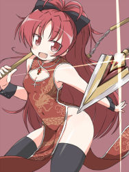 Rule 34 | 10s, 1girl, black thighhighs, breasts, chain, china dress, chinese clothes, cleavage, cleavage cutout, clothing cutout, covered navel, dress, fang, female focus, gem, hip focus, long hair, looking at viewer, mahou shoujo madoka magica, mahou shoujo madoka magica (anime), matching hair/eyes, naitou kouse, no nose, no panties, open mouth, red eyes, red hair, sakura kyoko, simple background, solo, thighhighs, thighs, weapon, wrist cuffs