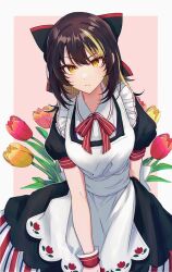 Rule 34 | 1girl, apron, arm behind back, black hair, blonde hair, closed mouth, commentary request, cowboy shot, dress, flower, idolmaster, idolmaster shiny colors, ikaruga luca, looking at viewer, medium hair, multicolored hair, neck ribbon, otakunocamp, pink flower, pink tulip, puffy short sleeves, puffy sleeves, red ribbon, ribbon, short sleeves, solo, streaked hair, tulip, white apron, wrist cuffs, yellow eyes, yellow flower, yellow tulip