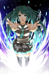 Rule 34 | aqua eyes, aqua hair, bare shoulders, black thighhighs, hatsune miku, highres, long hair, m-mo, necktie, open mouth, outstretched arms, outstretched hand, reaching, reaching towards viewer, skirt, solo, tears, thighhighs, twintails, vocaloid