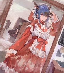 Rule 34 | 2girls, alternate costume, arknights, bad id, bad twitter id, bedroom, blue hair, blush, bow, bowtie, breasts, cellphone, ch&#039;en (arknights), closed mouth, coat rack, commentary, cowboy shot, door, dragon horns, dress, frilled dress, frills, hair between eyes, hannya (arknights), highres, holding, holding phone, holding shield, hooded dress, horns, hoshiguma (arknights), indoors, light smile, long hair, long sleeves, medium breasts, medium hair, mirror, multiple girls, otammato, phone, red dress, red eyes, reflection, selfie, shield, smartphone, solo focus, walk-in, white neckwear