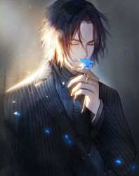 Rule 34 | 10s, 1boy, alternate costume, bead, black hair, dark background, dress shirt, closed eyes, final fantasy, final fantasy xv, flower, formal, ginmu, jewelry, male focus, necktie, noctis lucis caelum, aged up, ring, shirt, smelling flower, solo, striped suit, suit, upper body