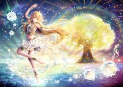 Rule 34 | 1girl, anklet, armlet, armpits, bare shoulders, barefoot, blonde hair, bracelet, breasts, bubble, closed mouth, copyright request, dancing, elf, floating hair, full body, glowing, hair ornament, highres, jewelry, light particles, long hair, looking at viewer, navel, official art, original, outdoors, pointy ears, rainbow, riyun (halodark), skirt, sleeveless, small breasts, smile, solo, sparkle, standing, standing on liquid, stomach, thighlet, tree, very long hair, water, white skirt, yellow eyes