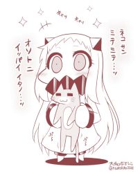 Rule 34 | +++, 10s, 1girl, :3, = =, abyssal ship, batsubyou, cat, chibi, commentary request, contemporary, covered mouth, dress, horns, kantai collection, long hair, mittens, monochrome, northern ocean princess, solo, twitter username, yamato nadeshiko