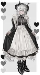 Rule 34 | 1girl, absurdres, apron, belt boots, black dress, black footwear, black horns, boots, border, dress, expressionless, frilled apron, frills, full body, gradient background, grey background, grey eyes, grey hair, heart, highres, horns, long hair, looking at viewer, maid, maid apron, maid headdress, original, outside border, pale color, pale skin, shiny clothes, simple background, solo, standing, very long hair, white apron, white border, white theme, wind in624
