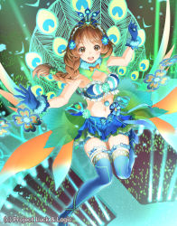 Rule 34 | :d, blue gloves, blue legwear, blue skirt, braid, breasts, brown eyes, brown hair, clover hair ornament, flower, four-leaf clover hair ornament, full body, gloves, hair flower, hair ornament, hina logi - from luck &amp; logic, looking at viewer, luck &amp; logic, medium breasts, nanahoshi yukari, navel, official art, open mouth, peacock feathers, side braid, skirt, smile, solo, yoshino ryou