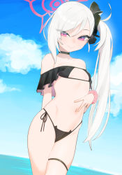 Rule 34 | 1girl, bare shoulders, beijuu, bikini, black bikini, blue archive, breasts, breasts apart, cameltoe, choker, closed mouth, cloud, cowboy shot, day, grey hair, groin, halo, hand on own stomach, highleg, highleg bikini, lips, long hair, looking at viewer, mutsuki (blue archive), navel, outdoors, pink eyes, scrunchie, side ponytail, sideboob, slit pupils, small breasts, smile, solo, stomach, swimsuit, thigh strap, twitter username, wading, wrist scrunchie